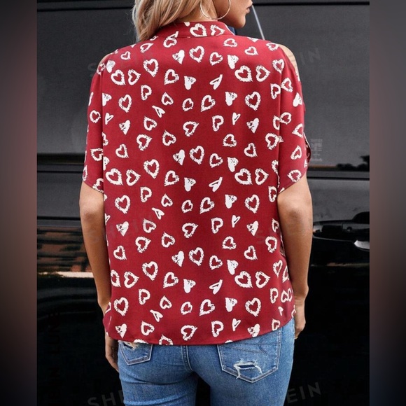 ❤️🤍 SHEIN heart print off shoulder notch collar blouse. Size large. Used once. - Picture 3 of 8